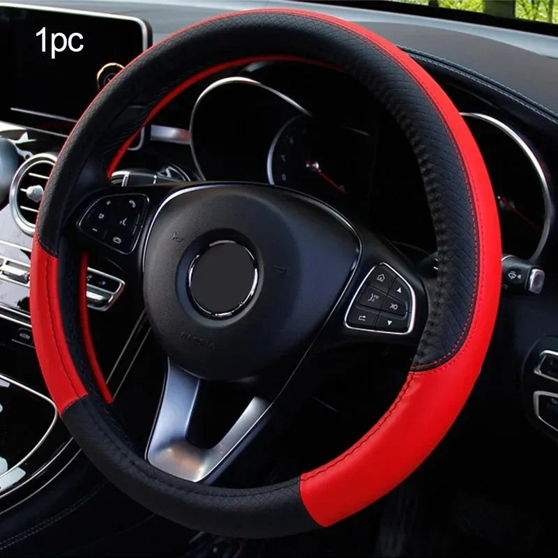 Premium 38Cm PU Leather Steering Wheel Cover - Anti-Slip, Breathable Fiber Braid, Universal Fit