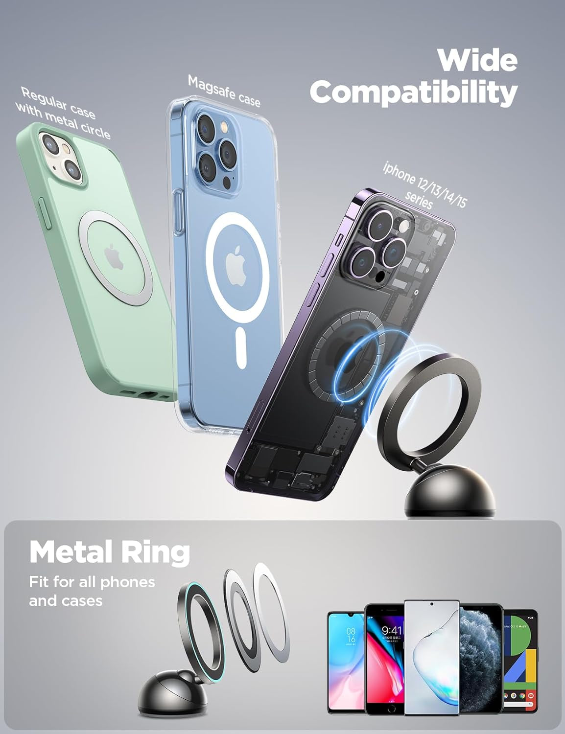 All-Metal MagSafe Car Mount - Ultra-Strong Magnetic Phone Holder for iPhone 16/15/14/13/12, Perfect for Dash Installation