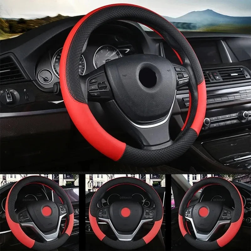Premium 38Cm PU Leather Steering Wheel Cover - Anti-Slip, Breathable Fiber Braid, Universal Fit