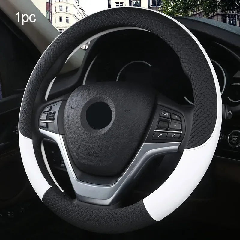 Premium 38Cm PU Leather Steering Wheel Cover - Anti-Slip, Breathable Fiber Braid, Universal Fit