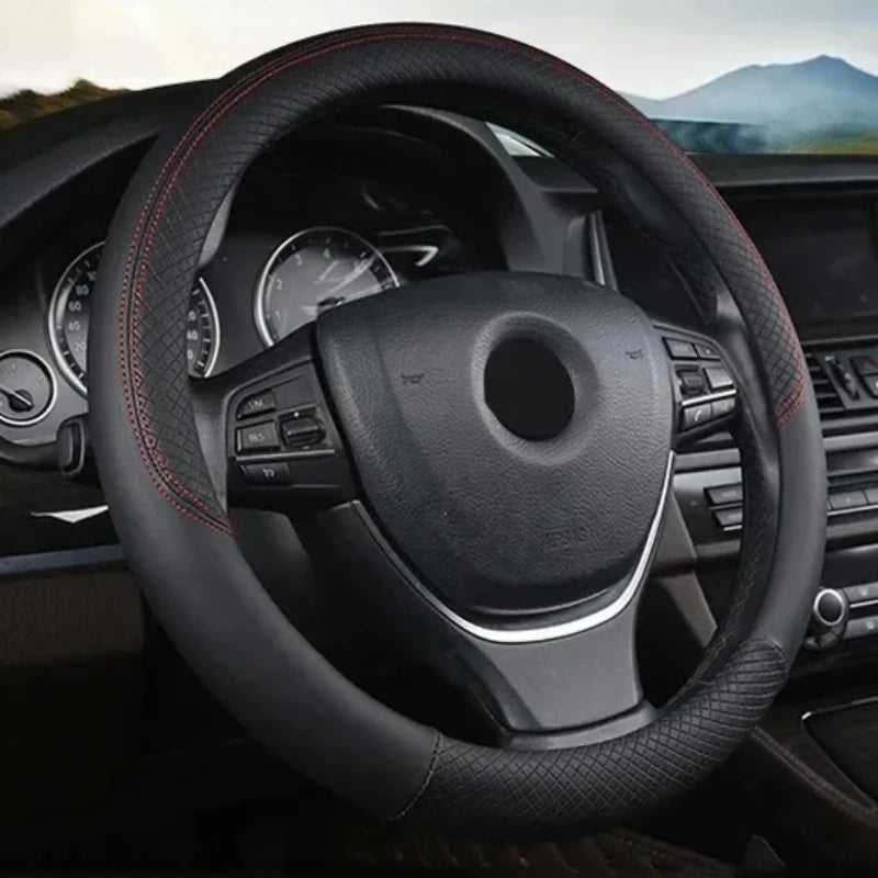 Premium 38Cm PU Leather Steering Wheel Cover - Anti-Slip, Breathable Fiber Braid, Universal Fit