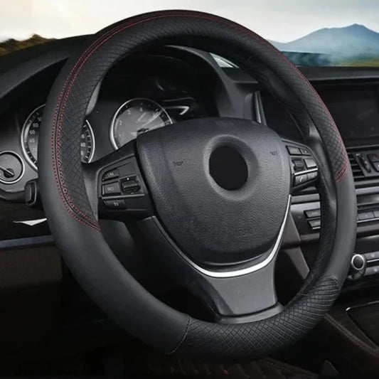 Premium 38Cm PU Leather Steering Wheel Cover - Anti-Slip, Breathable Fiber Braid, Universal Fit