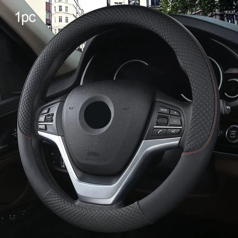 Premium 38Cm PU Leather Steering Wheel Cover - Anti-Slip, Breathable Fiber Braid, Universal Fit