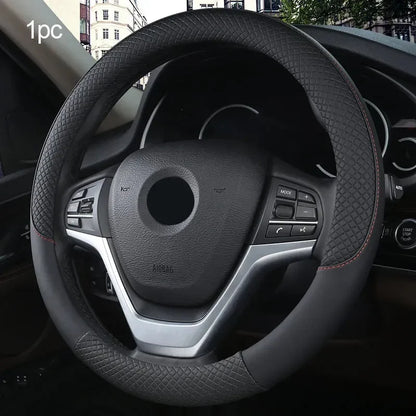 Premium 38Cm PU Leather Steering Wheel Cover - Anti-Slip, Breathable Fiber Braid, Universal Fit