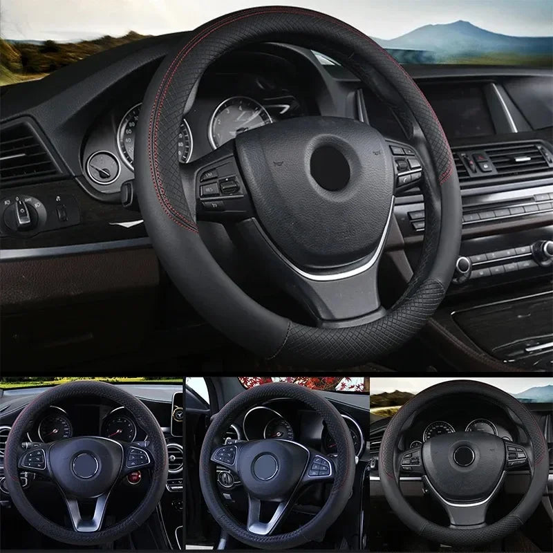 Premium 38Cm PU Leather Steering Wheel Cover - Anti-Slip, Breathable Fiber Braid, Universal Fit