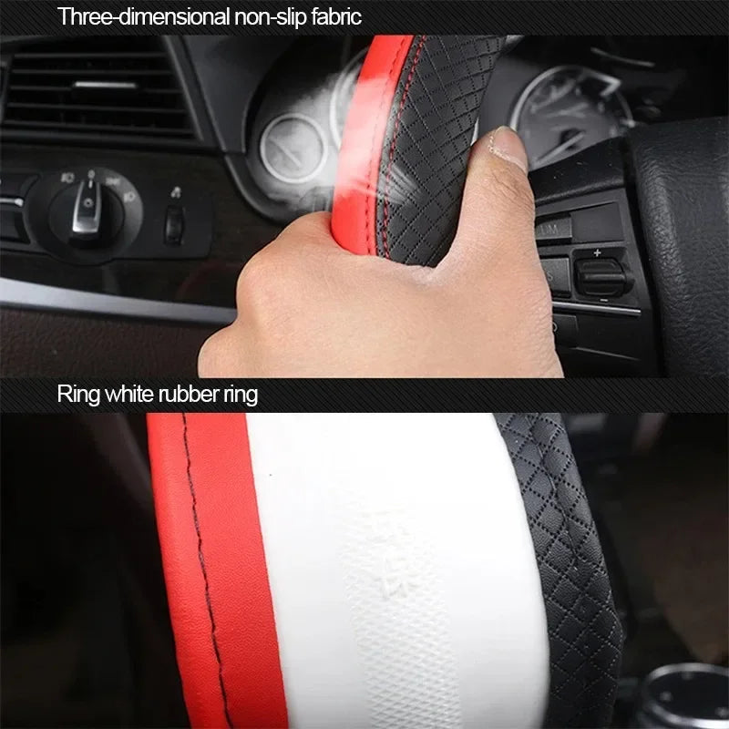 Premium 38Cm PU Leather Steering Wheel Cover - Anti-Slip, Breathable Fiber Braid, Universal Fit