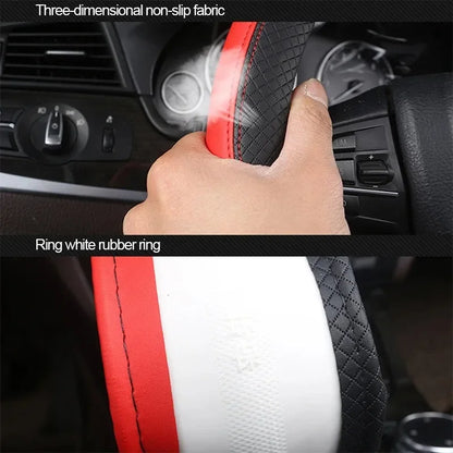 Premium 38Cm PU Leather Steering Wheel Cover - Anti-Slip, Breathable Fiber Braid, Universal Fit